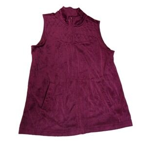 Basic Editions Burgundy Velour Quilted Vest Full Zip Mock Neck Plum Large